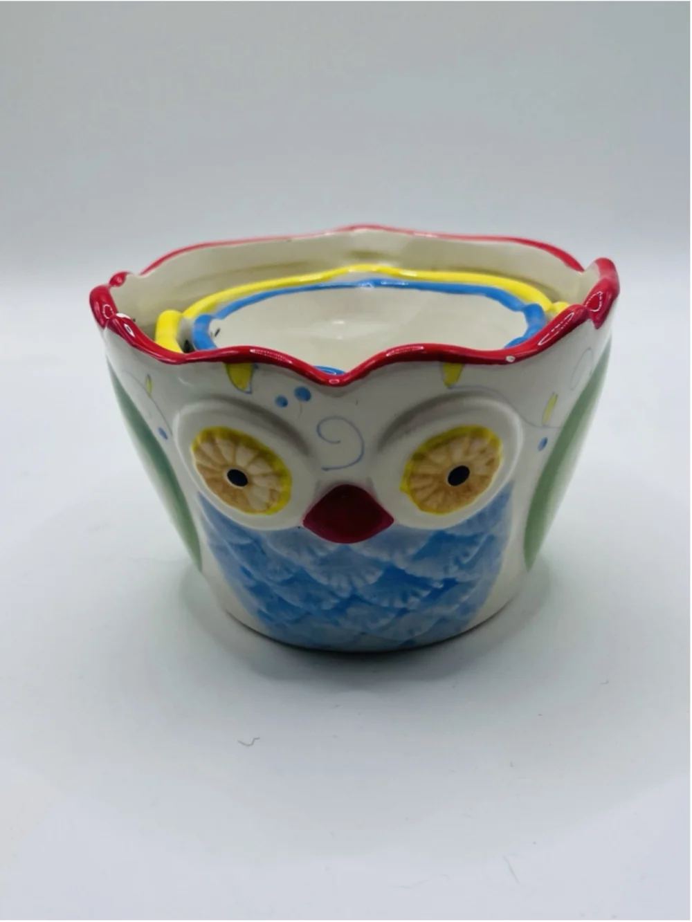 Set of (3) Pier 1 Imports Owl Nesting Measuring Cups Red Yellow Blue